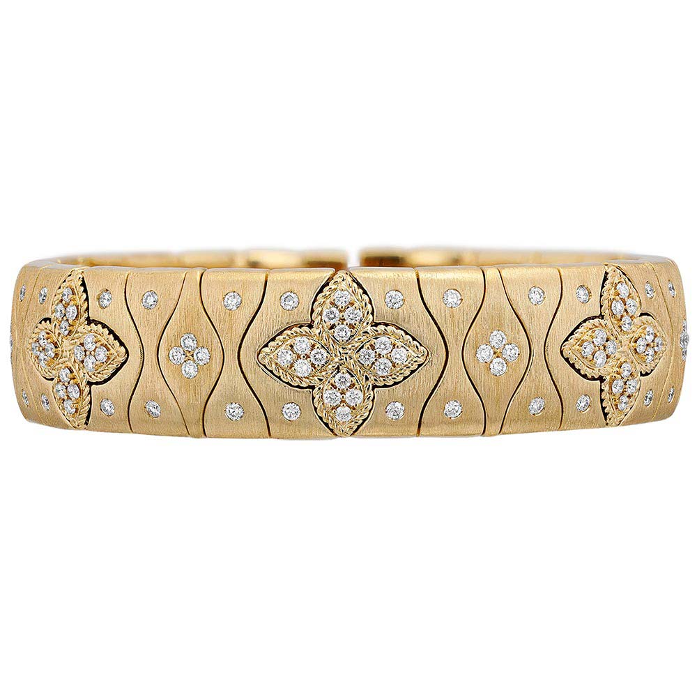 Roberto Coin Royal Princess Flower Diamond Satin Medium Cuff Bracelet in Yellow Gold