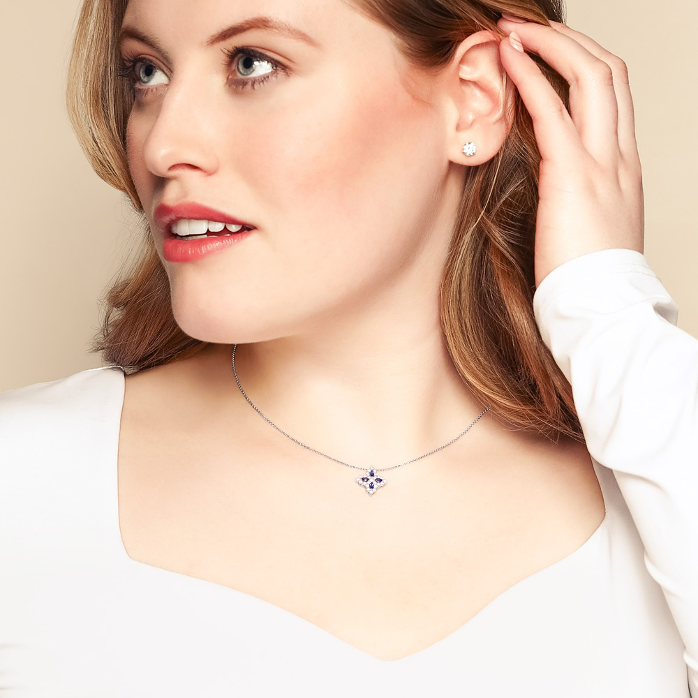 Roberto Coin Princess Flower Diamond & Sapphire Medium Flower Pendant Necklace in White Gold