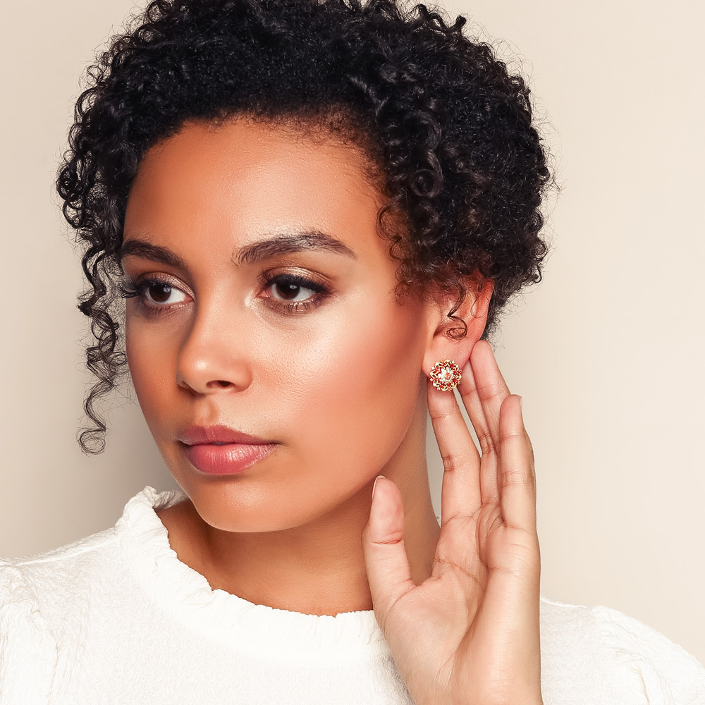 Orange & Pink Multi-Shaped Sapphire & Round Diamond Floral Stud Earrings in Yellow Gold