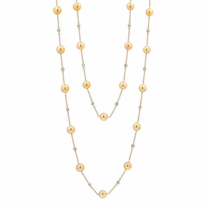 TARA Pearls Golden South Sea Cultured Pearl & Diamond Station Necklace in White Gold, 41.5"