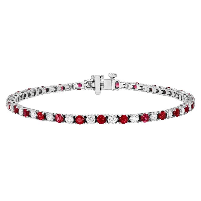 Ruby & Diamond Alternating Tennis Bracelet in White Gold, 7", 5.22 tw