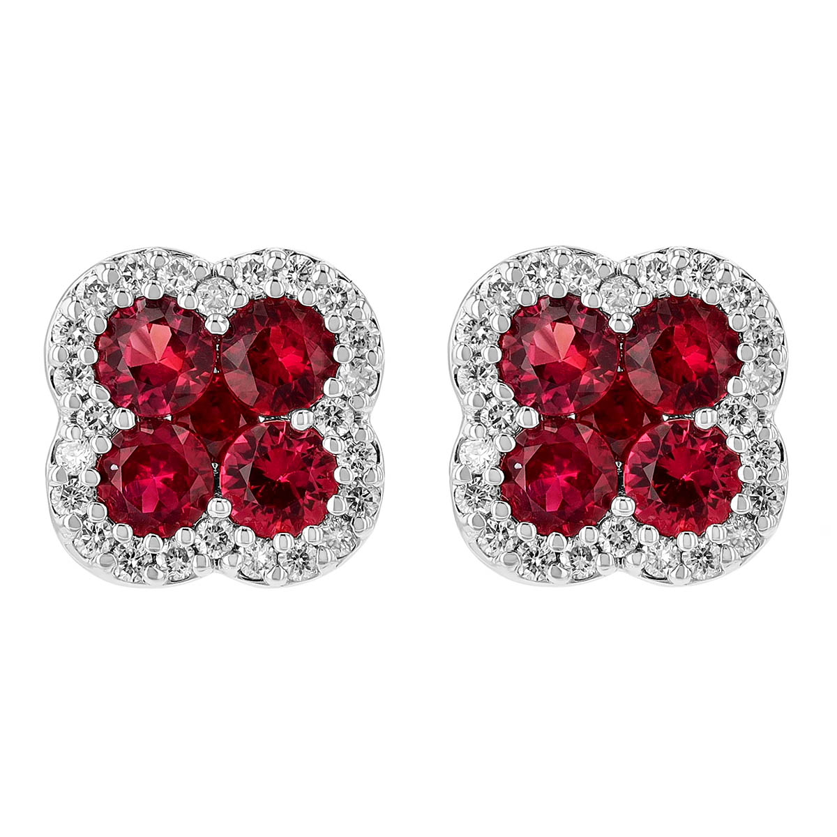 Ruby & Diamond Halo Clover Cluster Stud Earrings in White Gold