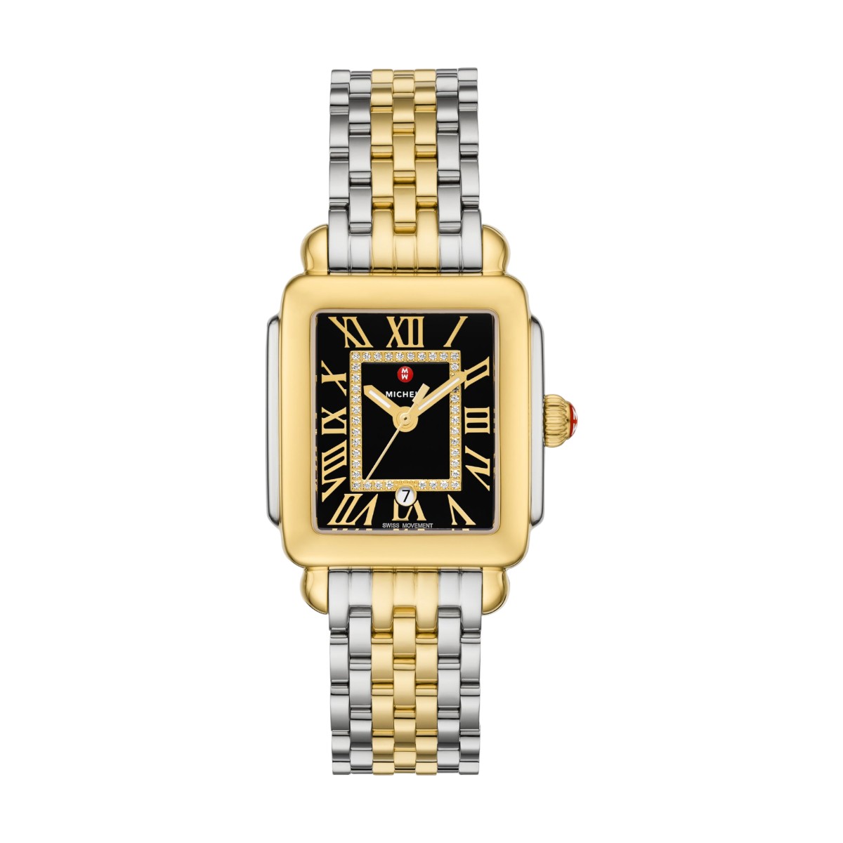 Michele Deco Madison 18K Gold-Plated Stainless Steel Noir Leather 36mm Watch, Black Dial
