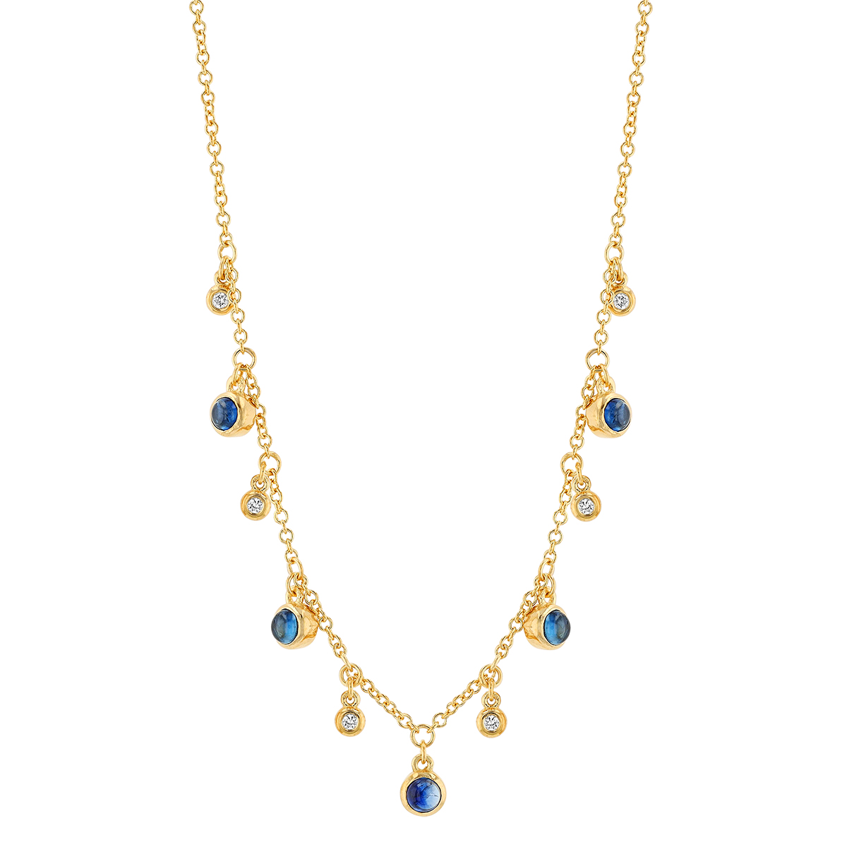 Marika Sapphire & Diamond Bezel Set Dangle Station Necklace in Yellow Gold, 17