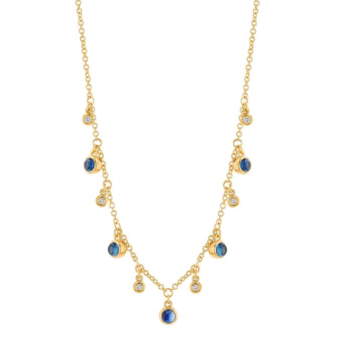 Marika Sapphire & Diamond Bezel Set Dangle Station Necklace in Yellow Gold, 17"