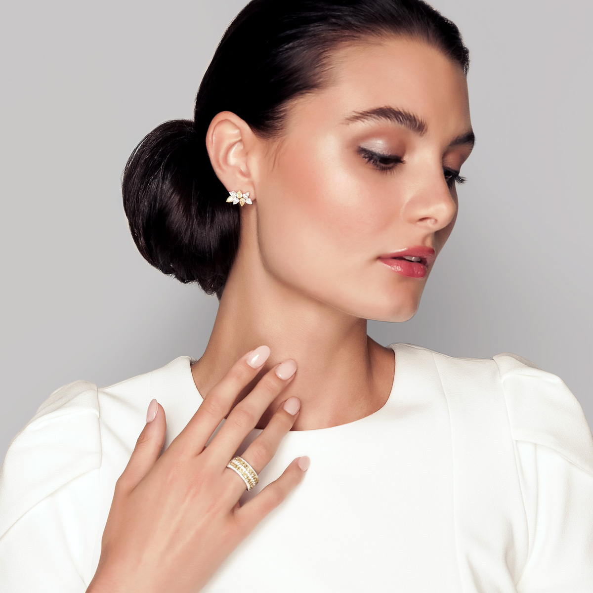 Yellow & White Pear Diamond Sunshine Post Earrings in Yellow & White Gold