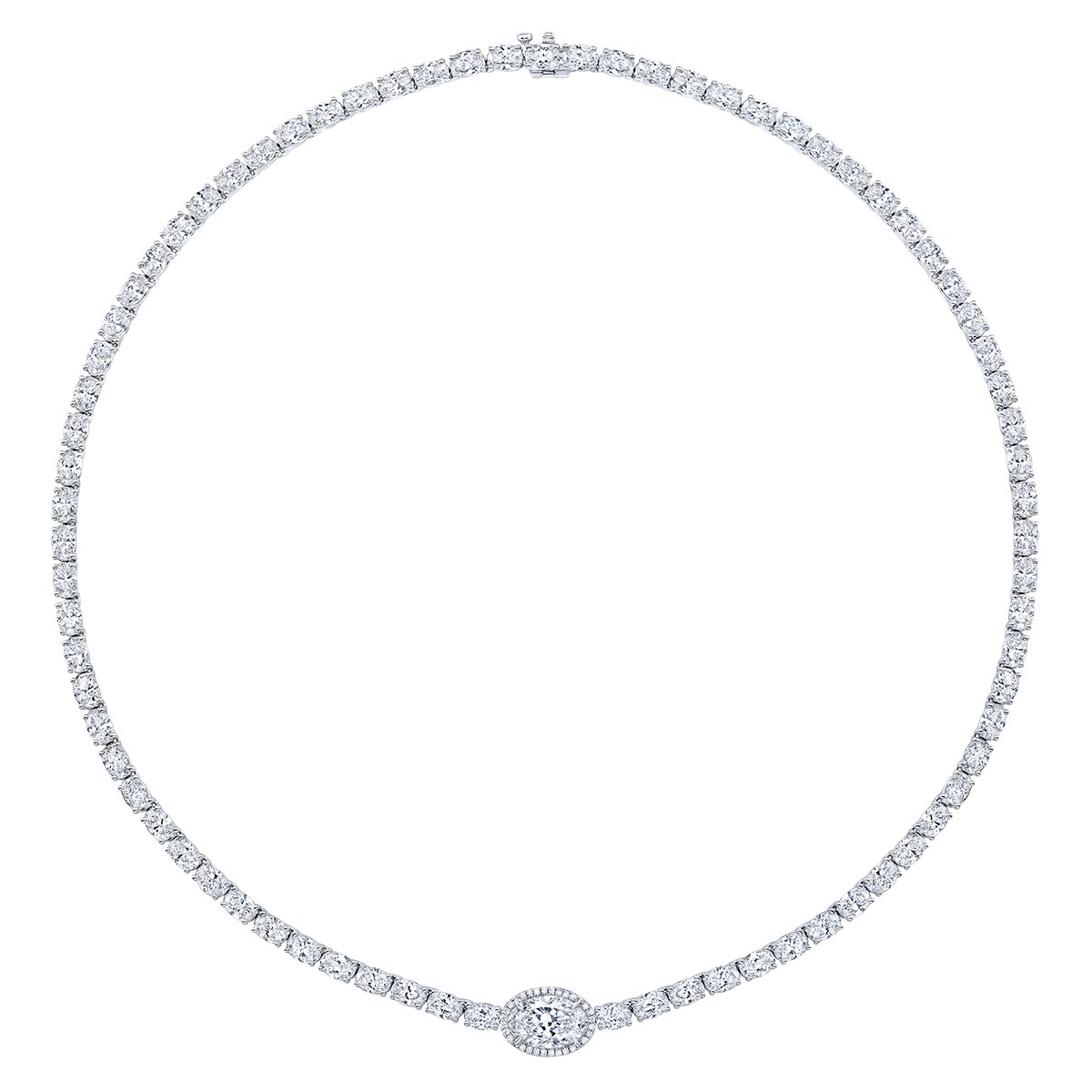 Rahaminov Oval Diamond & Halo Tennis Necklace in White Gold, 15.75