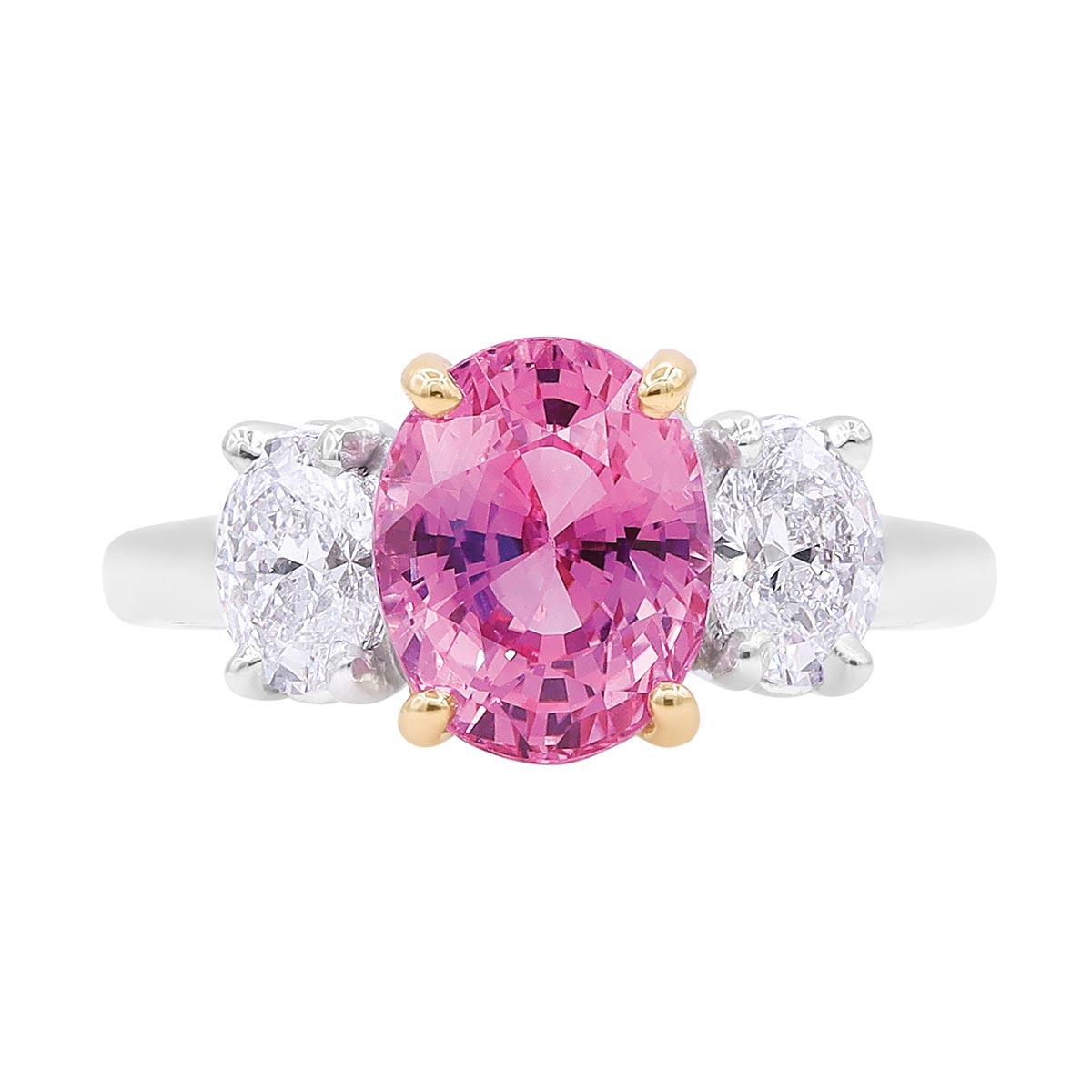 Oscar Heyamn Oval Padparadscha Sapphire & Diamond 3 Stone Ring in Platinum & Yellow Gold