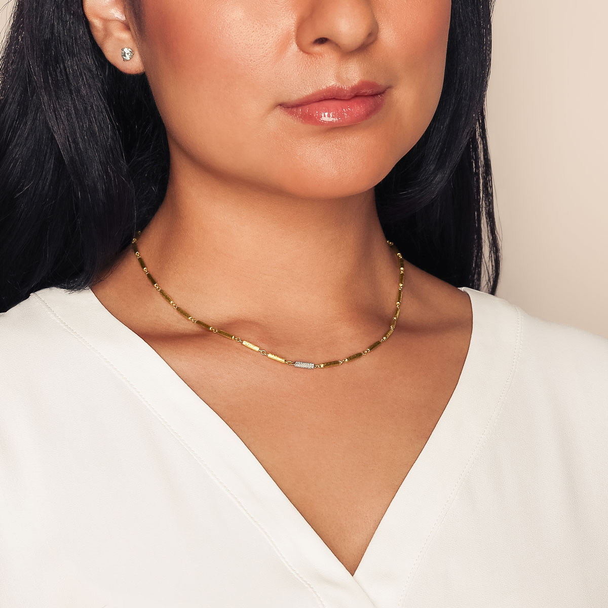 Marika Yellow Gold Tube Bead Necklace with Diamond Pave, 18