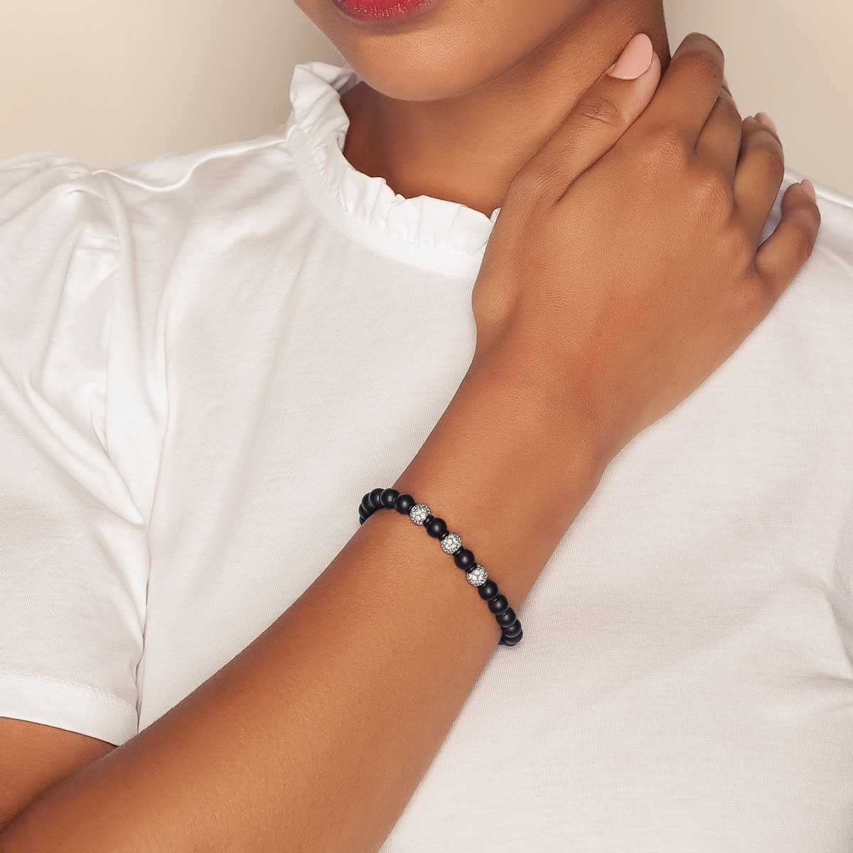 Demeglio Diamond Pavé Trio & Black Ceramic Bead Stretch Bracelet in White Gold