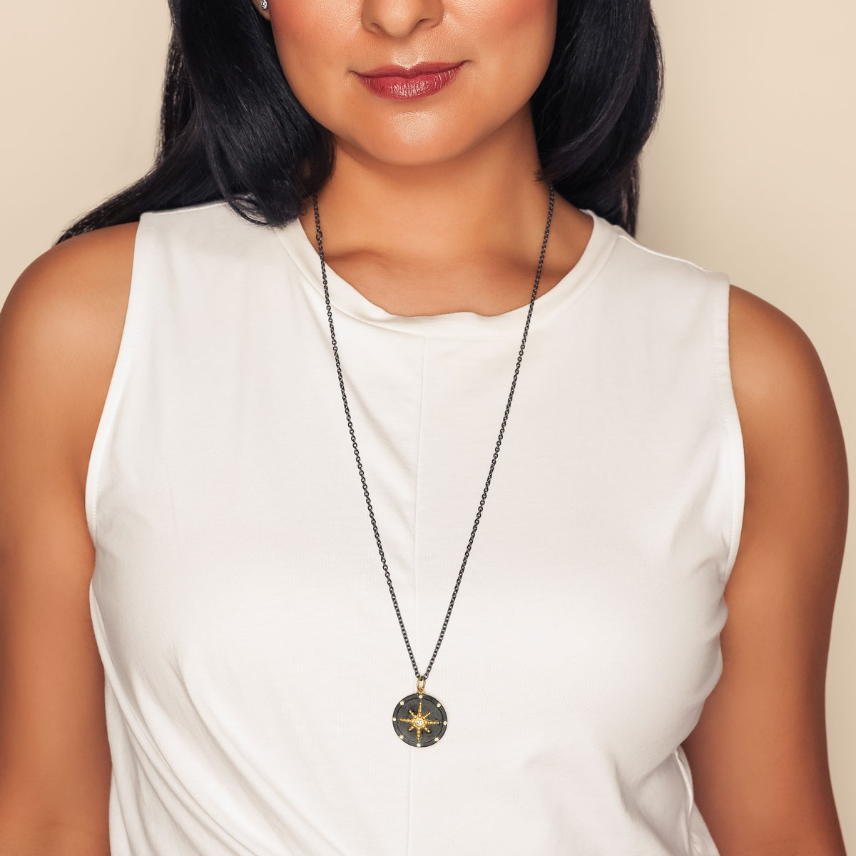 Lika Behar Medallion Compass Pendant in Oxidized Silver & Yellow Gold with Diamond Accents