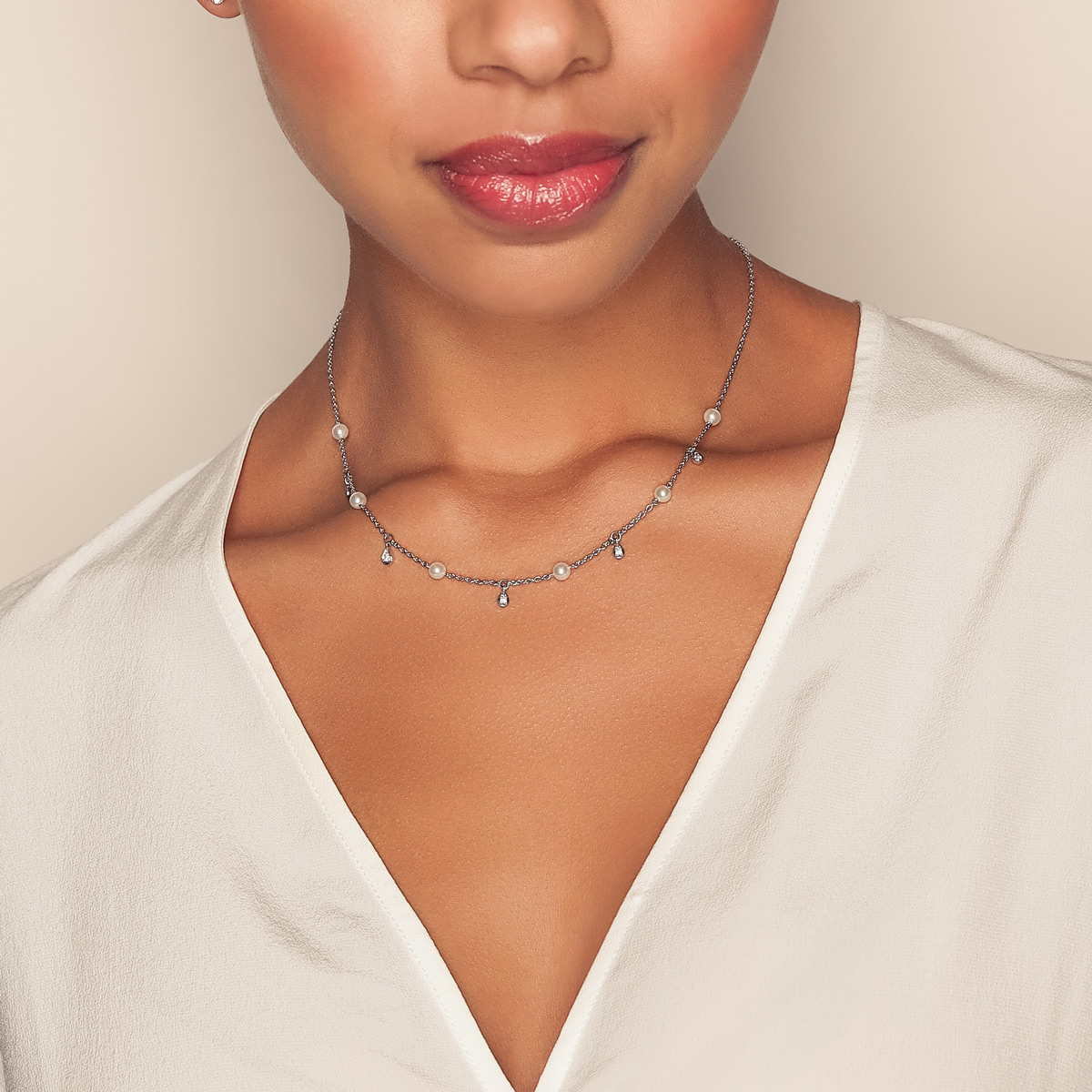 Mikimoto Akoya Cultured Pearl & Diamond Drop Station Necklace in White Gold, 18