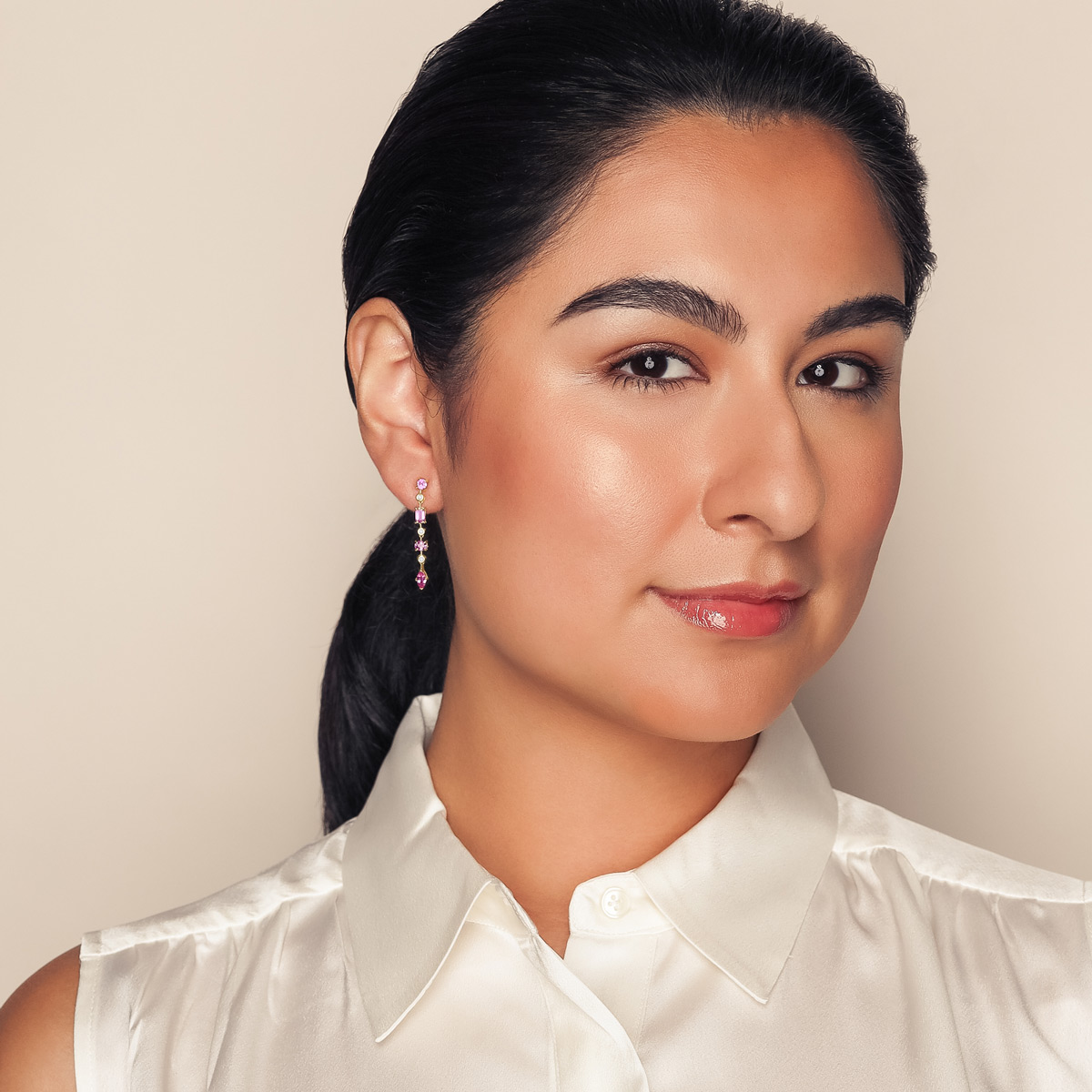 Multi-Shape Pink Sapphire & Diamond Column Dangle Earrings in Yellow Gold