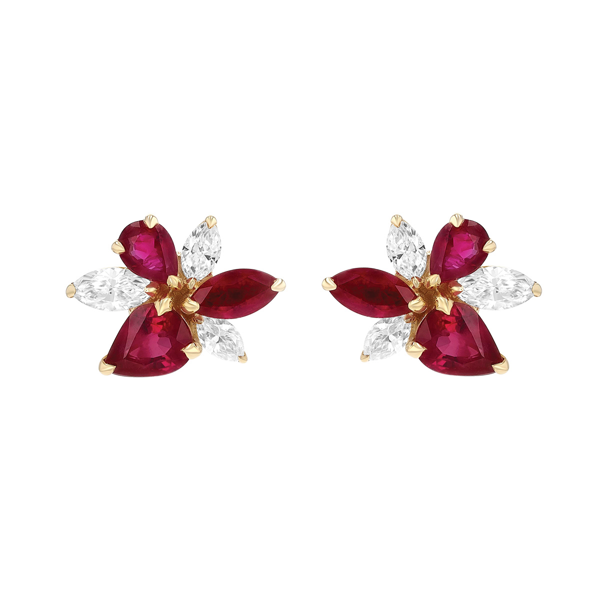 Multi-Shape Ruby & Marquise Diamond Floral Cluster Stud Earrings in White Gold