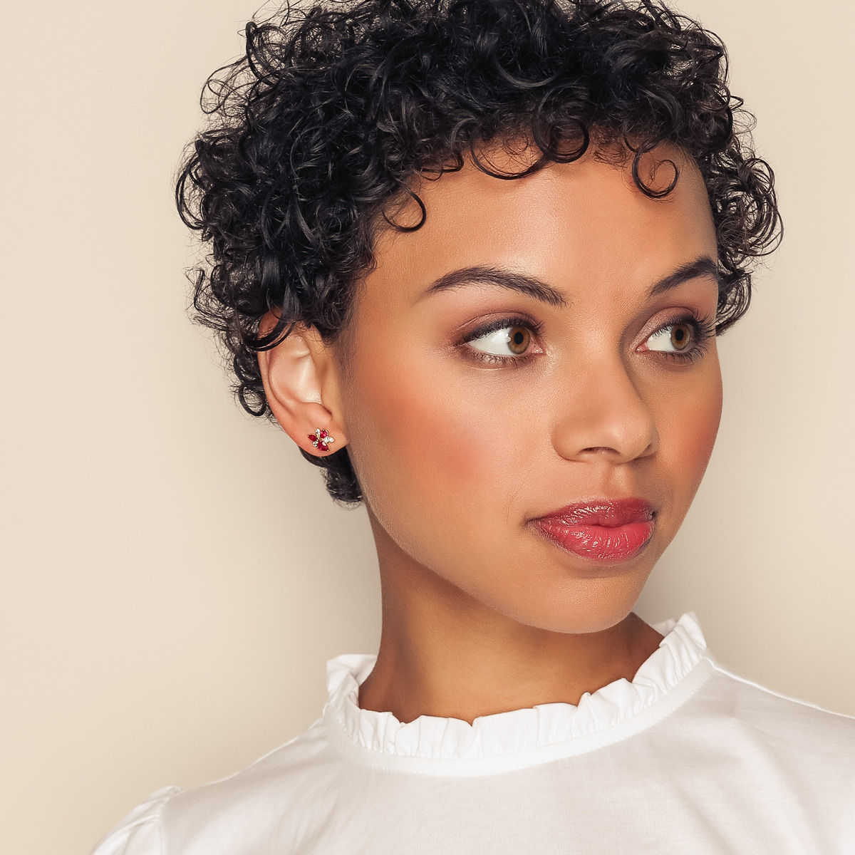 Multi-Shape Ruby & Marquise Diamond Floral Cluster Stud Earrings in White Gold