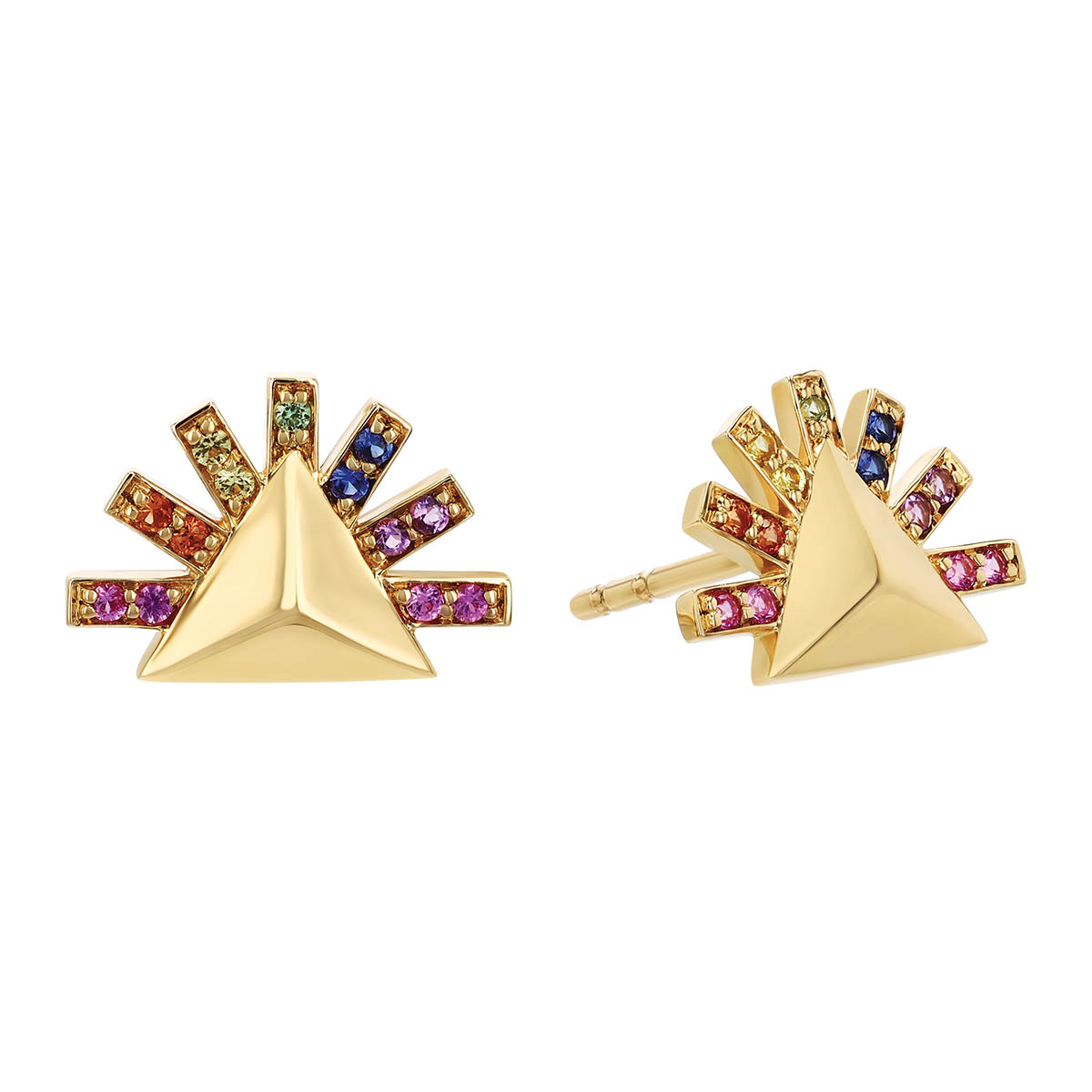 Harwell Godfrey Multicolored Sapphire Sunburst Pyramid Stud Earrings in Yellow Gold