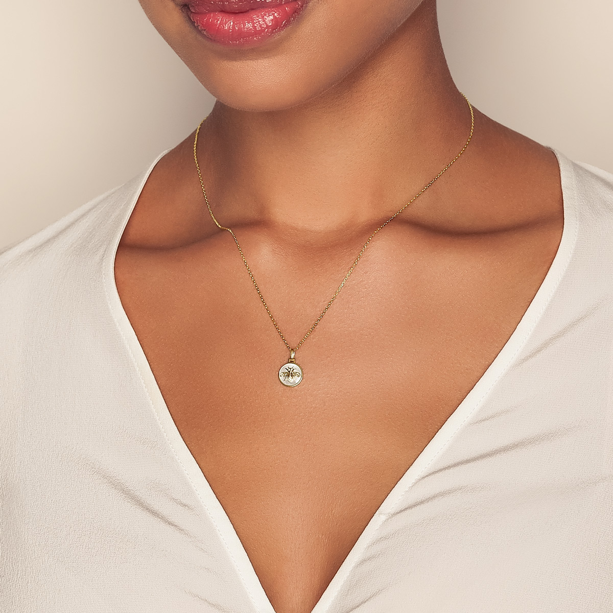 Frederic Sage Mother of Pearl & Diamond Bee Disc Pendant in Yellow Gold, 18