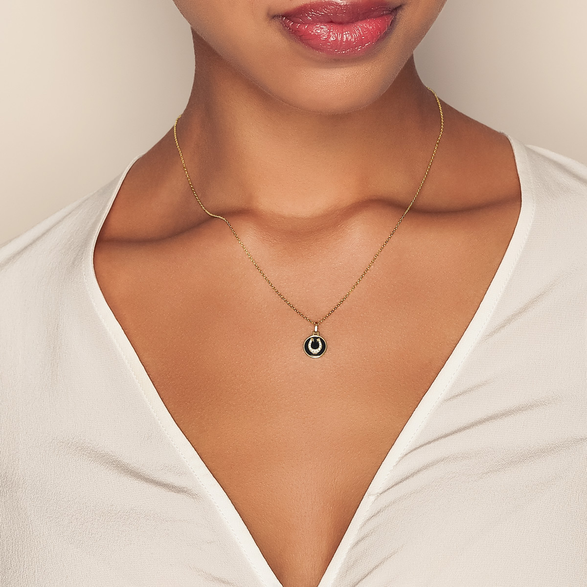 Frederic Sage Black Onyx Chalcedony & Diamond Horseshoe Disc Pendant in Yellow Gold, 18