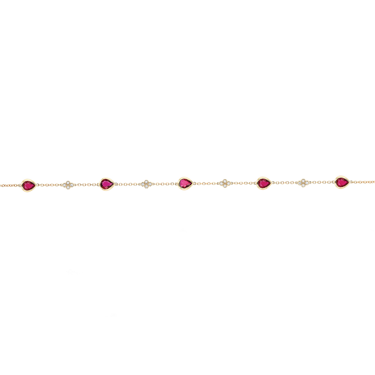 Bezel Set Pear Shape Ruby & Diamond Cluster Station Bracelet in Yellow Gold, 7