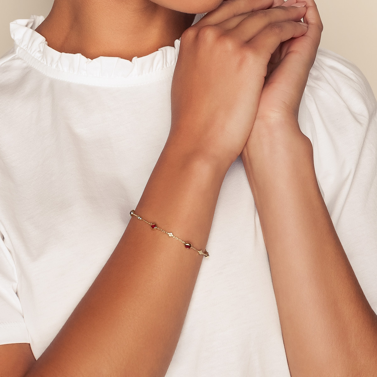 Bezel Set Pear Shape Ruby & Diamond Cluster Station Bracelet in Yellow Gold, 7