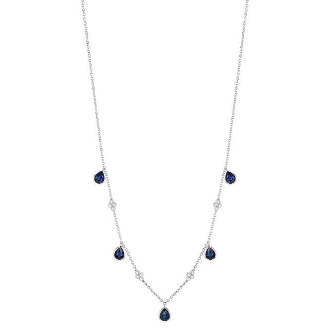 Bezel Set Pear Shape Sapphire & Diamond Cluster Drop Station Necklace in White Gold, 18"