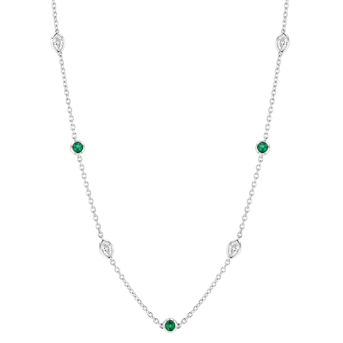 Round Emerald & Marquise Diamond Alternating Station Necklace in White Gold, 33