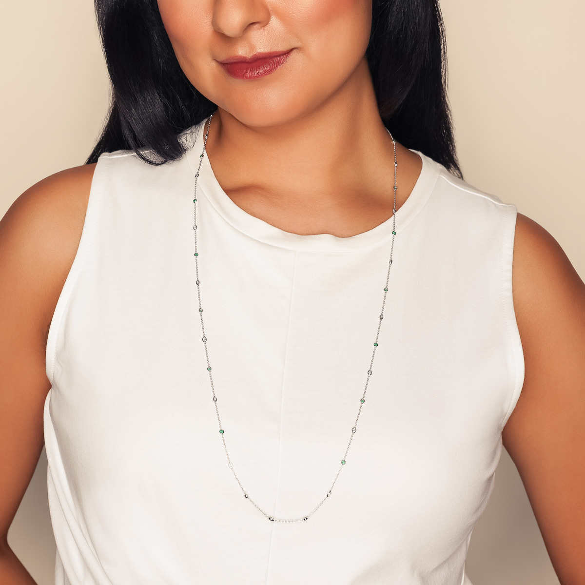 Round Emerald & Marquise Diamond Alternating Station Necklace in White Gold, 33