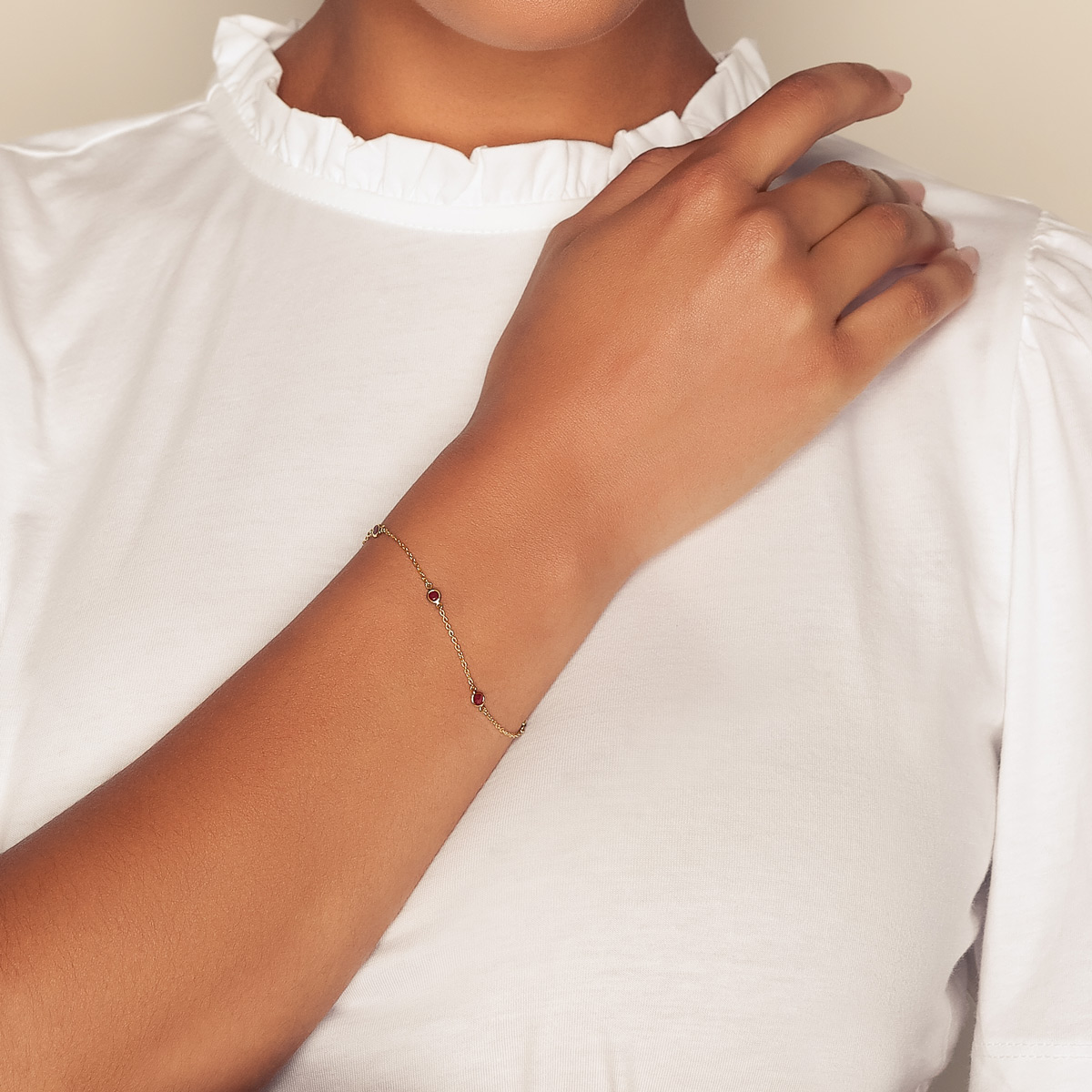 Bezel Set Round Ruby Station Bracelet in Yellow Gold, 7