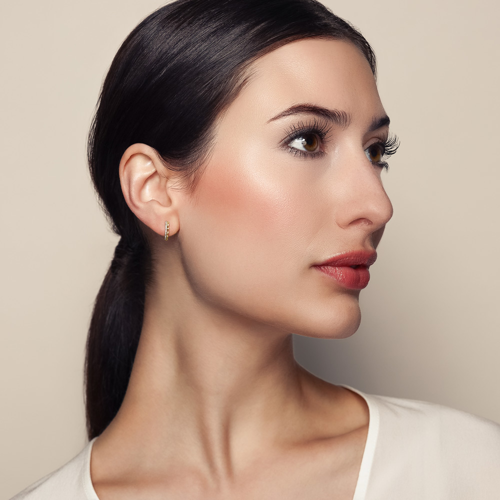 Diamond Huggie Hoop Earrings in White & Matte Yellow Gold