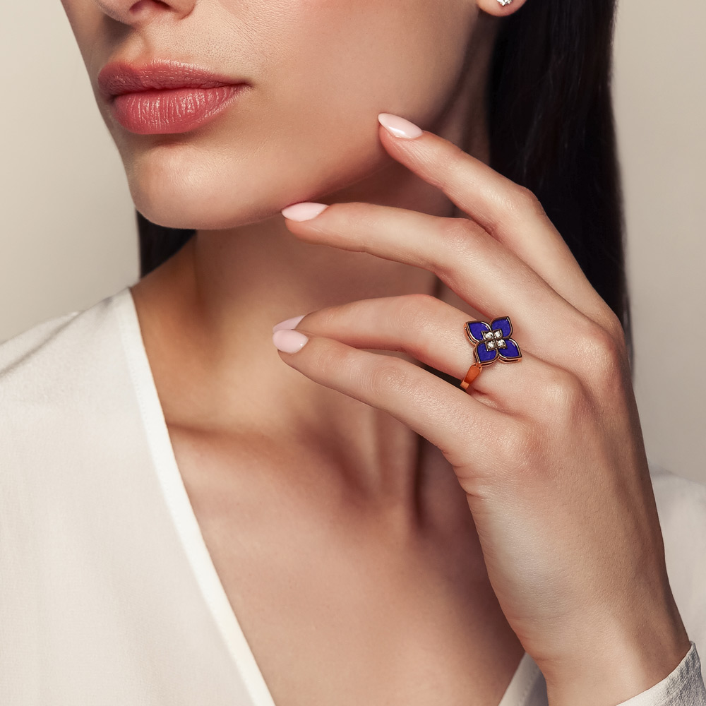 Roberto Coin Venetian Princess Lapis Lazuli & Diamond Flower Ring in Rose Gold