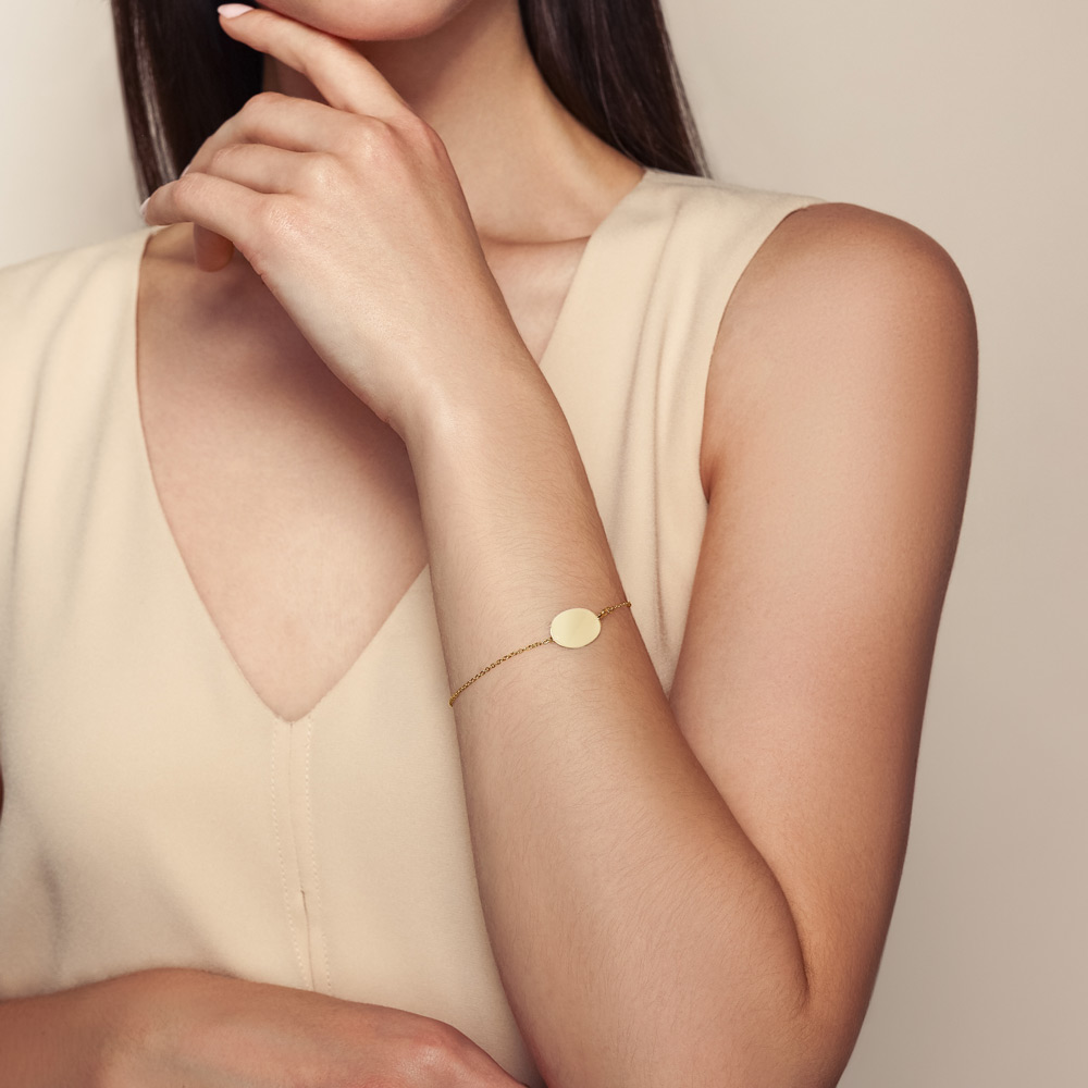 Yellow Gold Oval Disc Bracelet with Diamond Bezel Accent, 7.5