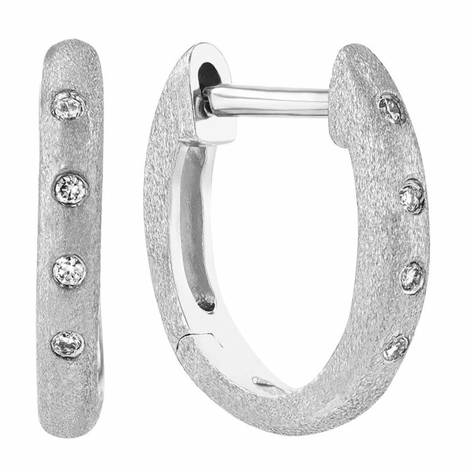 White Gold Satin Huggie Hoop Earrings with 4 Flush Set Diamonds