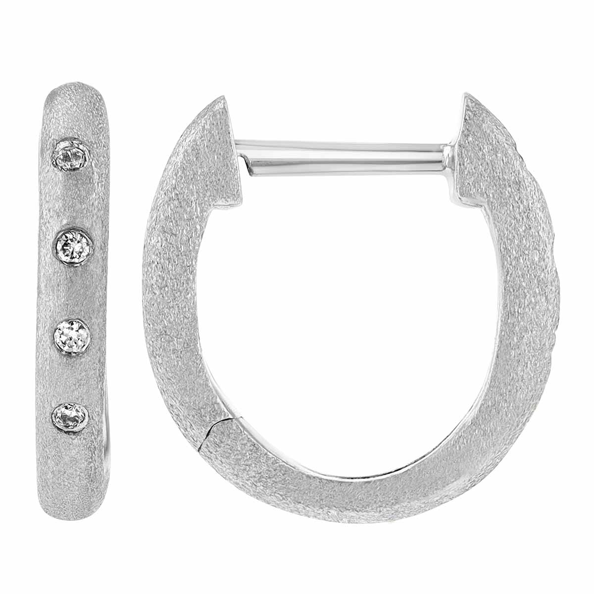 White Gold Satin Huggie Hoop Earrings with 4 Flush Set Diamonds