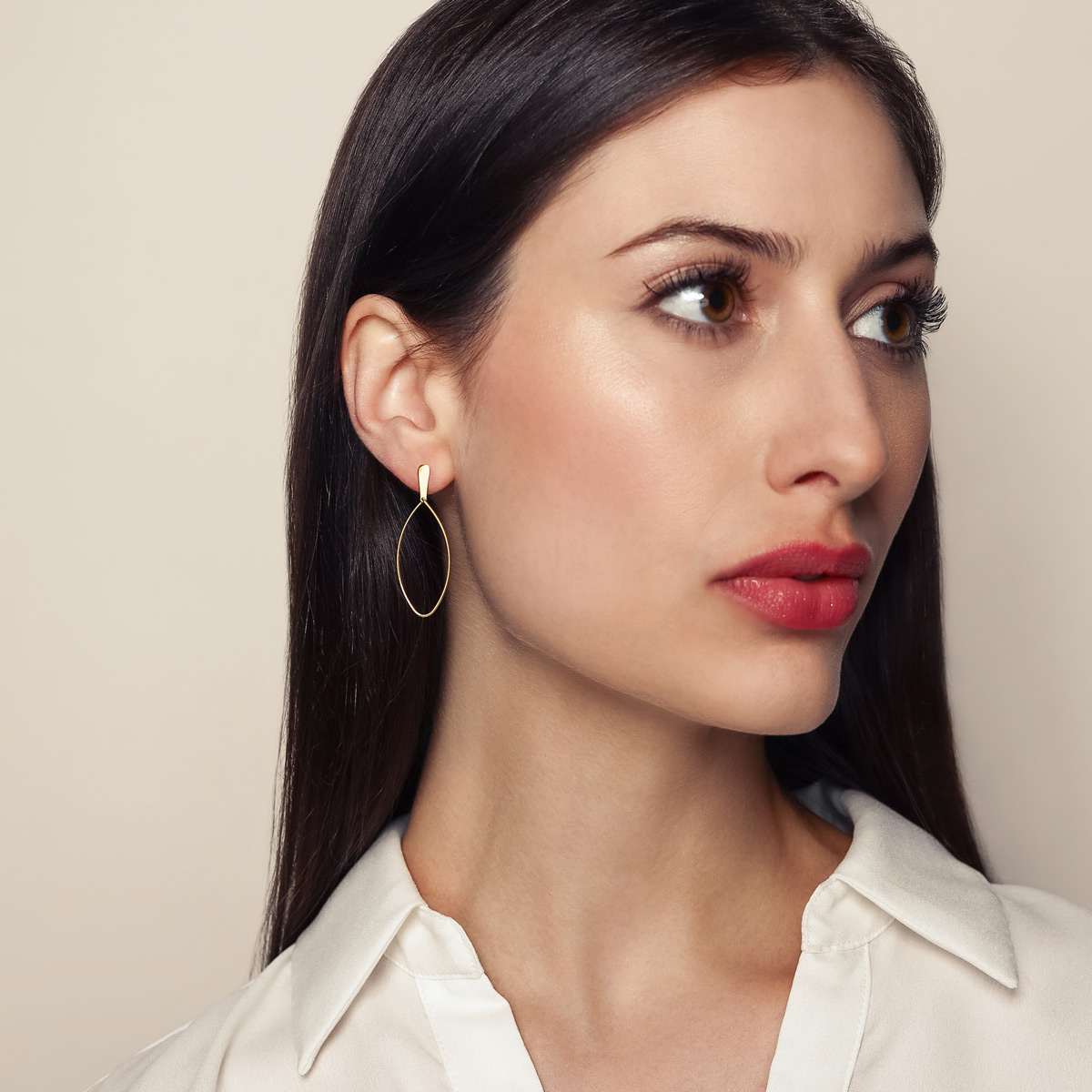 Yellow Gold Open Oval Post Back Dangle Earrings