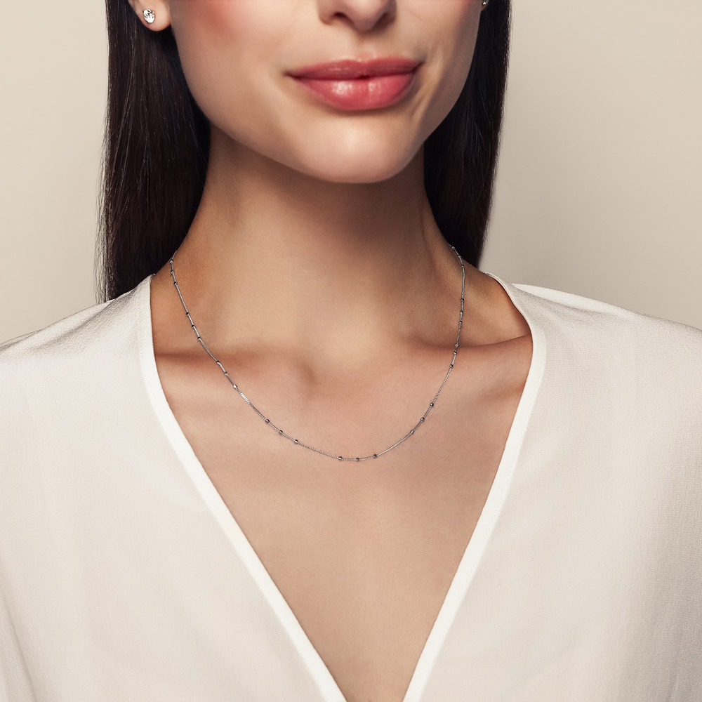 White Gold Square Bead Station Necklace, 18