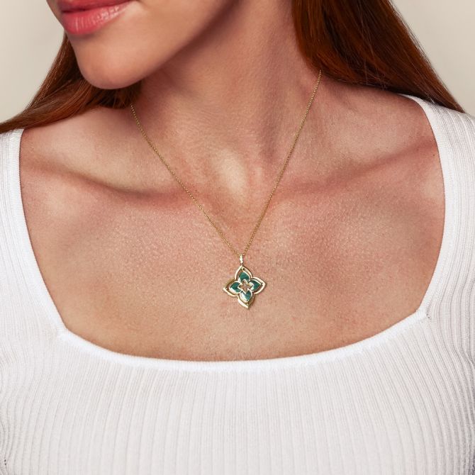 Roberto Coin Venetian Princess Pirouette Malachite & Diamond Flower Pendant in Yellow Gold