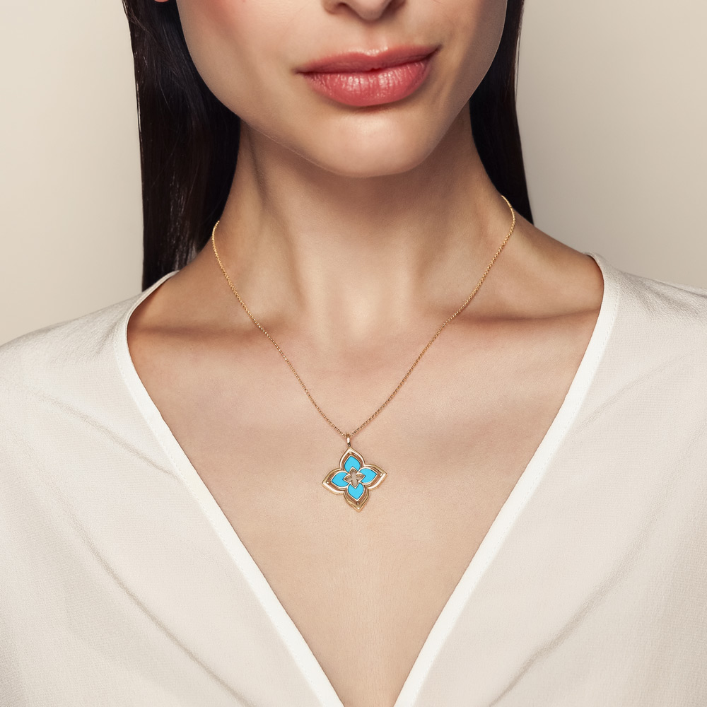 Roberto Coin Venetian Princess Pirouette Diamond &  Turquoise Pendant in  Yellow Gold, 17