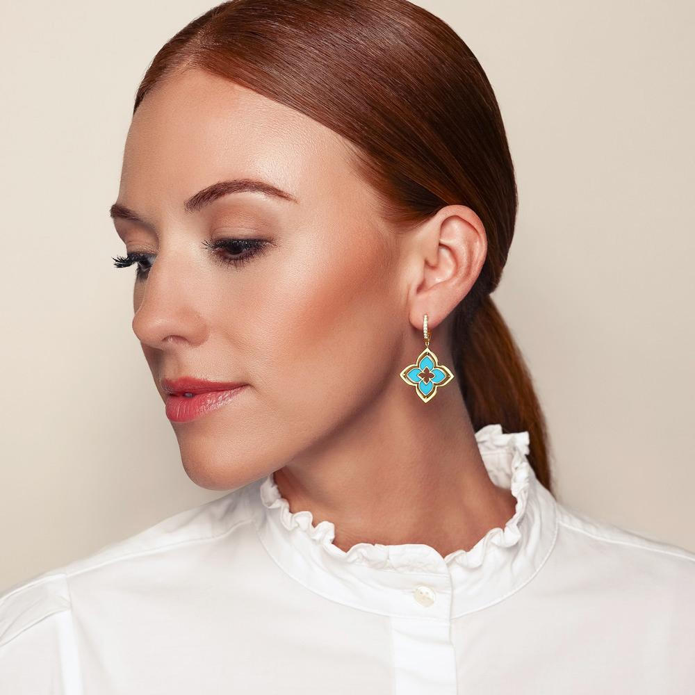 Roberto Coin Venetian Princess Pirouette Diamond & Turquoise Dangle Earrings in Yellow Gold