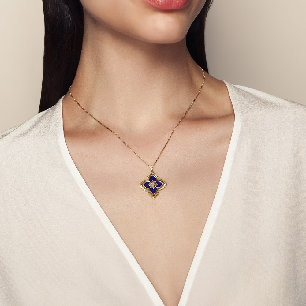 Roberto Coin Venetian Princess Pirouette Diamond Pave & Lapis Lazuli Pendant in Yellow Gold, 17