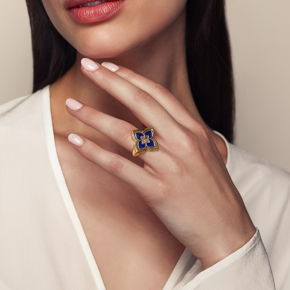 Roberto Coin Venetian Princess Pirouette Pave & Lapis Lazuli Ring in Yellow Gold