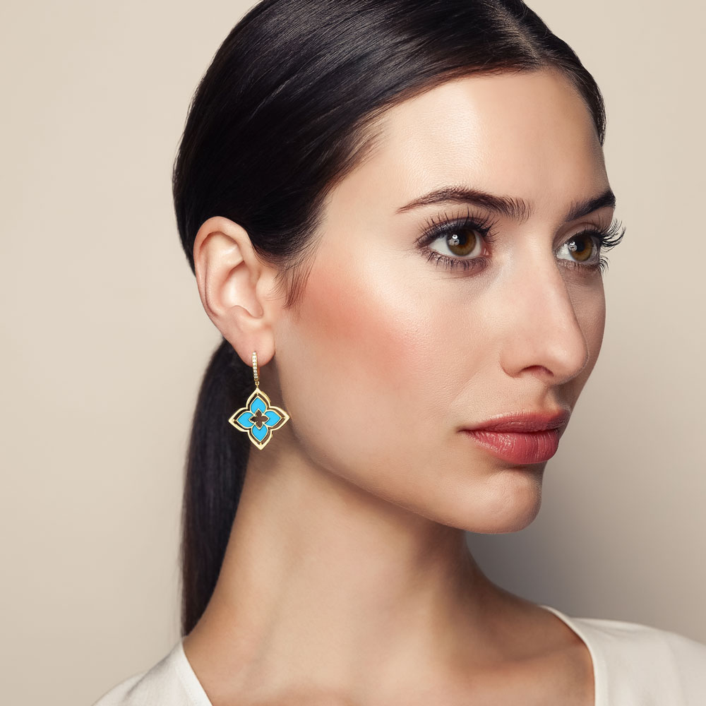 Roberto Coin Venetian Princess Pirouette Diamond Pave & Turquoise Dangle Earrings in Yellow Gold