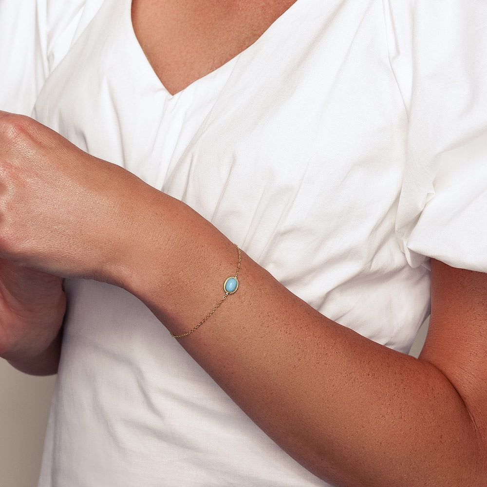 14K Yellow Gold Oval Cabochon Turquoise Rope Bezel Set Bracelet, 7.5