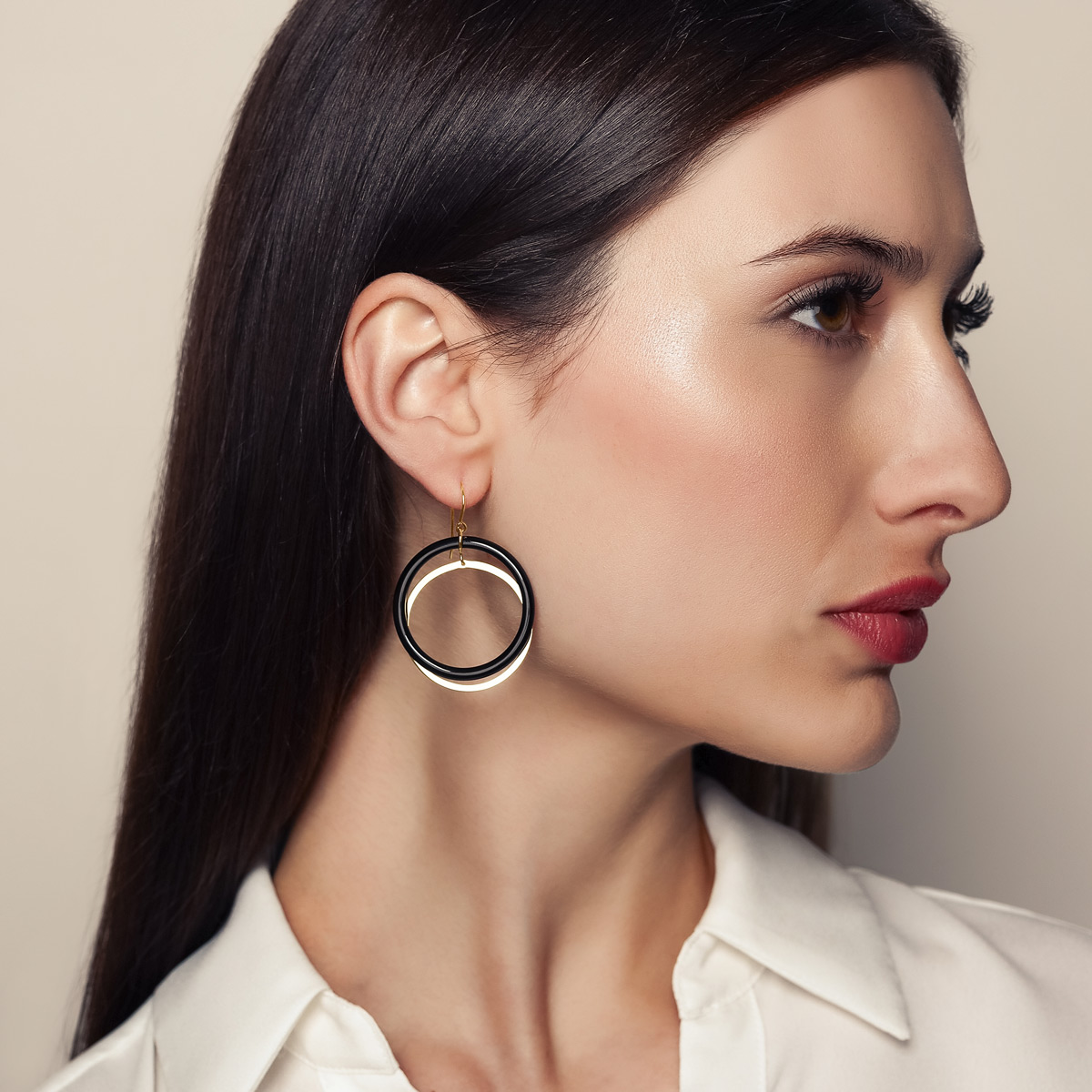 Black Onyx Chalcedony & Yellow Gold Double Circle Drop Earrings