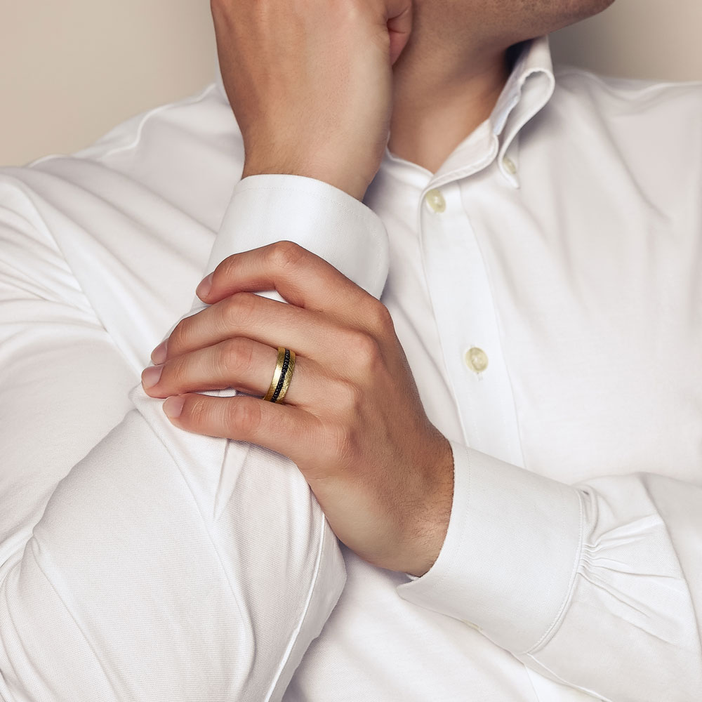 A. Jaffe Black Diamond Single Row Wedding Band in Yellow Gold