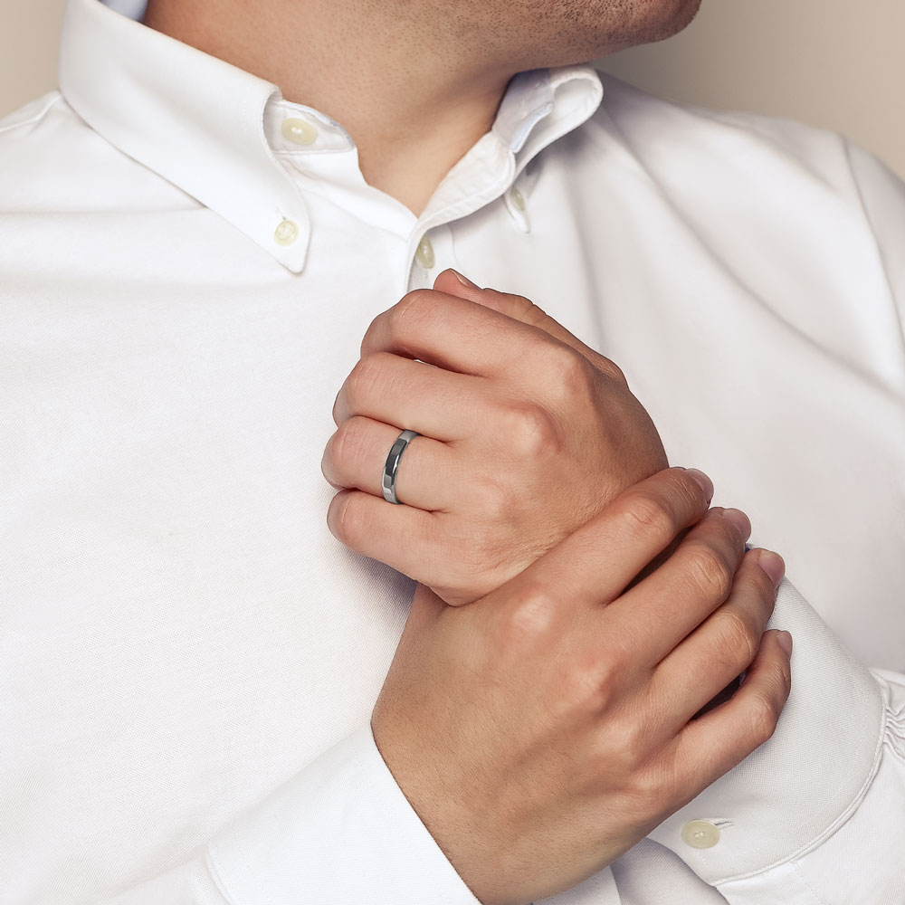 4 mm Comfort Fit Flat Wedding Band with Beveled Edge in White Gold