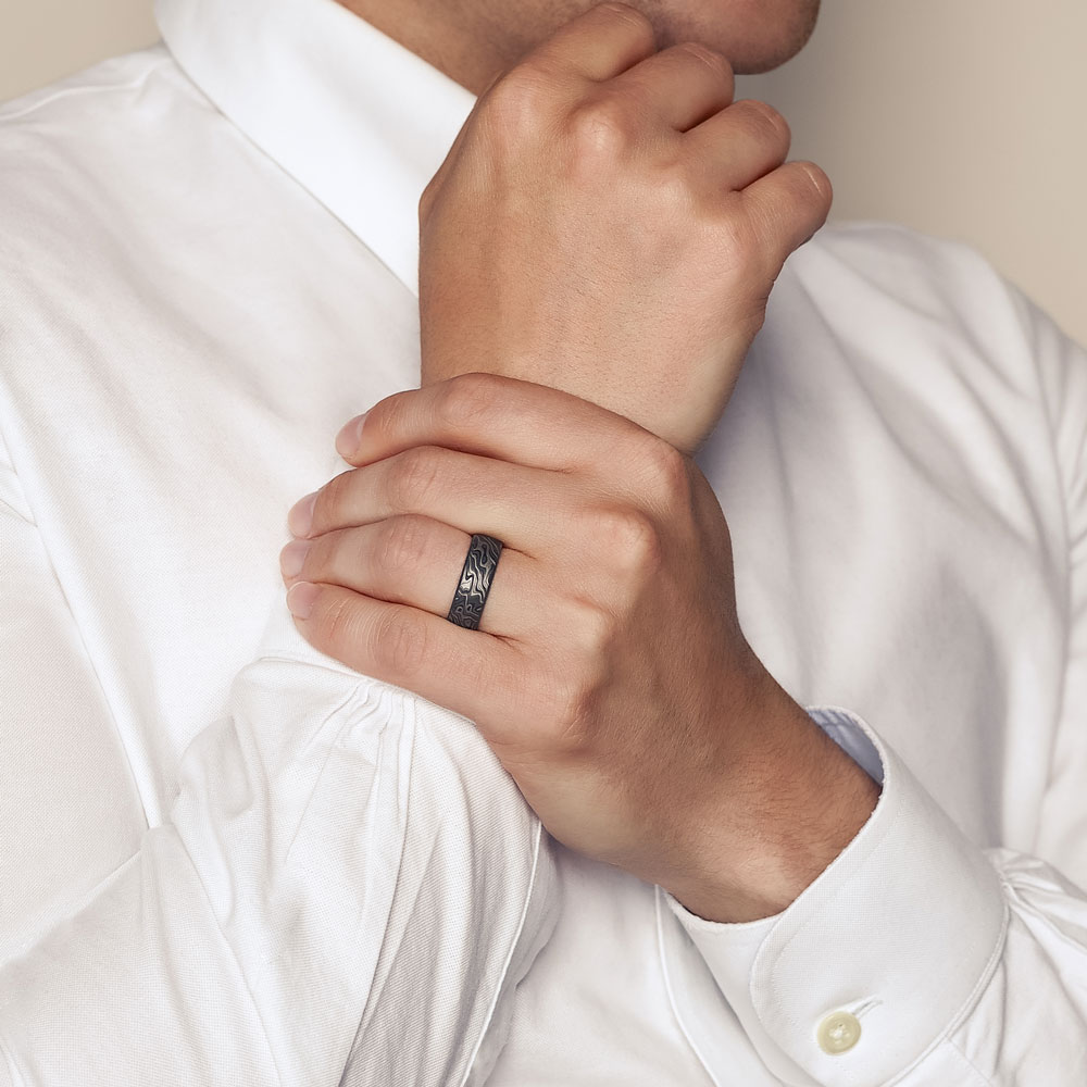 Benchmark Grey Tantalum Mokume Pattern 7.5 mm Wedding Band, Size 10