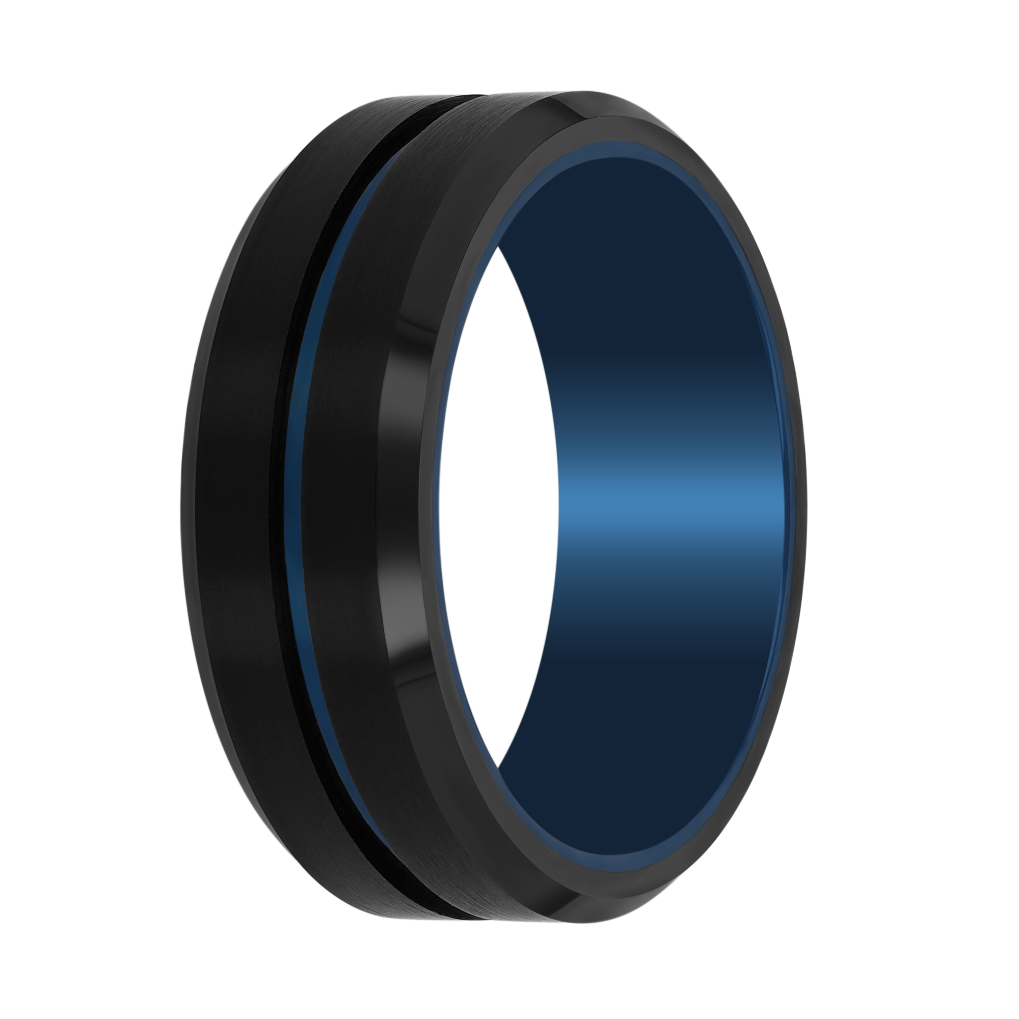 Black Tungsten & Blue PVD Striped Beveled Men's Wedding Band, Size 9.5