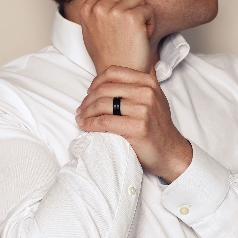 Black Tungsten & Blue PVD Striped Beveled Men's Wedding Band, Size 9.5