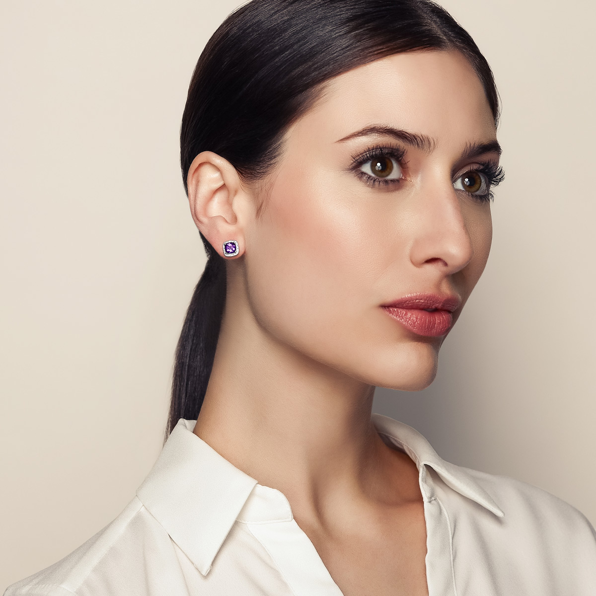 Cushion Amethyst & Diamond Halo Stud Earrings in White Gold