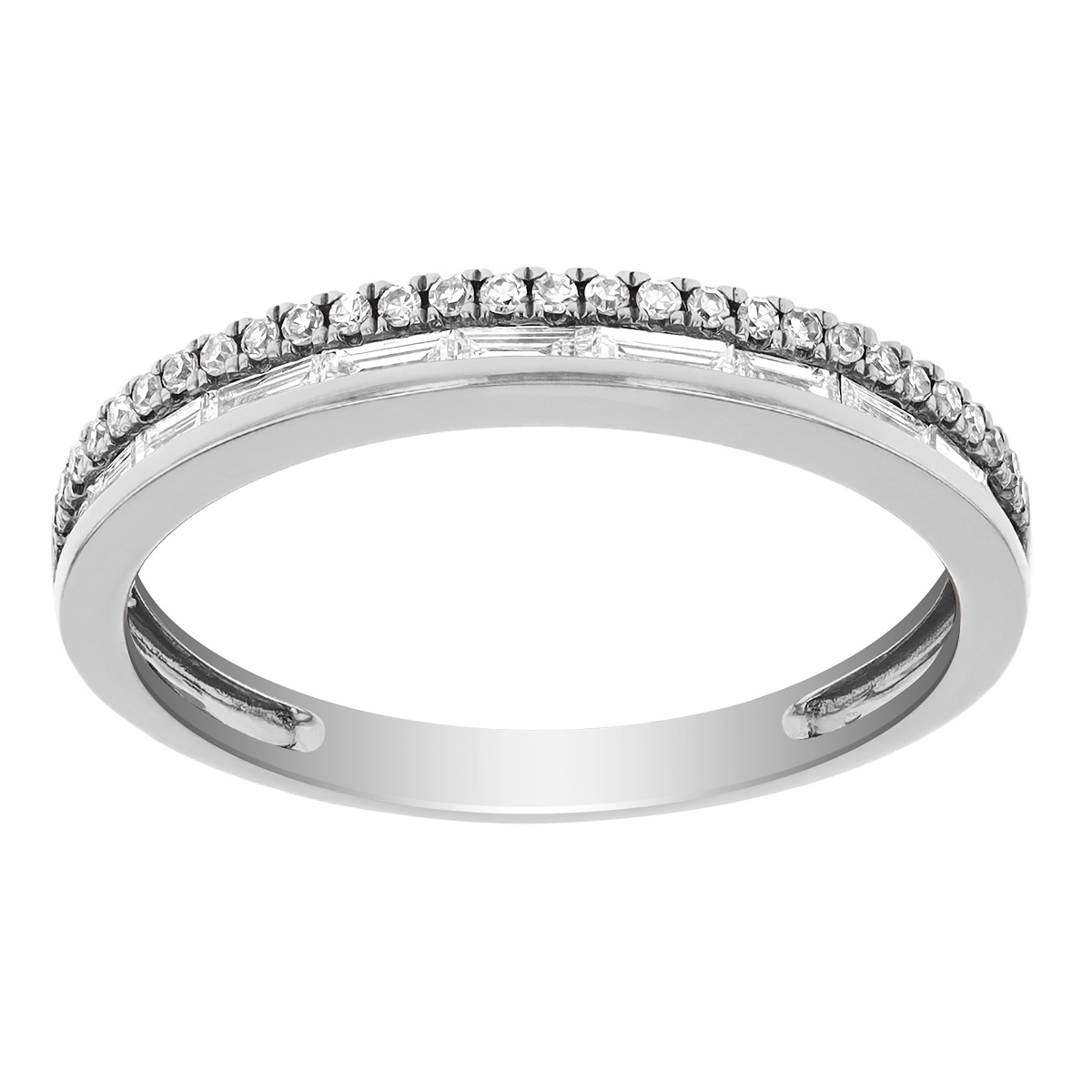 Baguette & Round Diamond Two Row Ring in White Gold